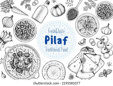 Pilaf cooking and ingredients for pilaf, sketch illustration. Middle eastern cuisine frame. Uzbek food, design elements. Hand drawn, package design. Arabic food