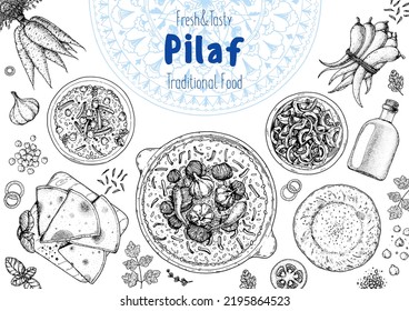 Cocina de pilaf e ingredientes para pilaf, ilustración de sketch. Marco de cocina de Oriente Medio. Comida uzbeka, elementos de diseño. Dibujado a mano, diseño de paquete. Comida árabe