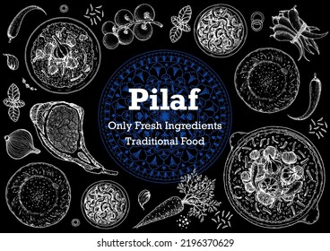 Pilaf cooking and ingredients for pilaf, sketch illustration. Middle eastern cuisine frame. Uzbek food, design elements. Hand drawn, package design. Arabic food