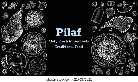 Pilaf cooking and ingredients for pilaf, sketch illustration. Middle eastern cuisine frame. Uzbek food, design elements. Hand drawn, package design. Arabic food