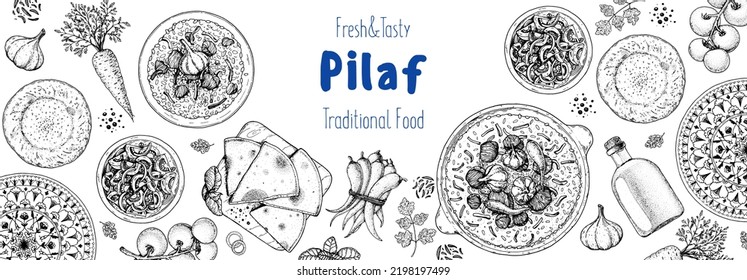 Cocina de pilaf e ingredientes para pilaf, ilustración de sketch. Marco de cocina de Oriente Medio. Comida uzbeka, elementos de diseño. Dibujado a mano, diseño de paquete. Comida árabe