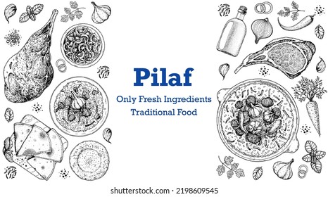 Pilaf cooking and ingredients for pilaf, sketch illustration. Middle eastern cuisine frame. Uzbek food, design elements. Hand drawn, package design. Arabic food