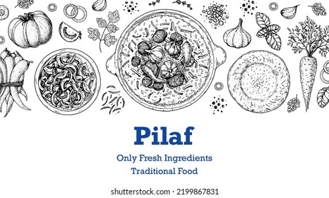 Pilaf cooking and ingredients for pilaf, sketch illustration. Middle eastern cuisine frame. Uzbek food, design elements. Hand drawn, package design. Arabic food