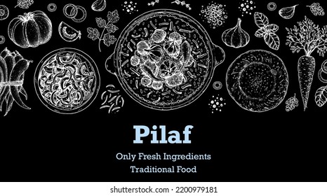 Pilaf cooking and ingredients for pilaf, sketch illustration. Middle eastern cuisine frame. Uzbek food, design elements. Hand drawn, package design. Arabic food
