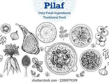 Pilaf cooking and ingredients for pilaf, sketch illustration. Middle eastern cuisine frame. Uzbek food, design elements. Hand drawn, package design. Arabic food