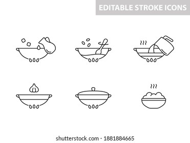 Pilaf cooking instruction. Black linear icon, editable stroke. Preparation of dish for rice or spices packaging design. Biryani or uzbek plov in cast-iron cauldron. Contour isolated vector pictogram