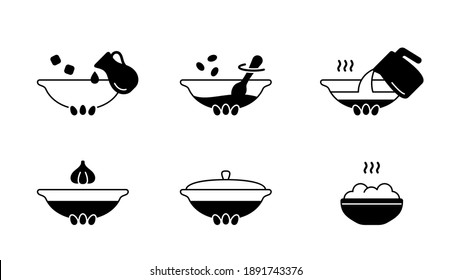 Pilaf cooking instruction. Preparation of dish for rice or spices packaging. Biryani or uzbek plov in cast-iron cauldron. Black outline icon. Silhouette isolated vector pictogram, white background