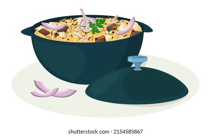 Pilaf illustration. Traditional uzbek dish with rice, vegetables and meat. Spicy asian cuisine. Kazan cooking pot of rice with meat and garlic. Flat vector illustration