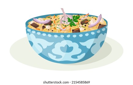 Pilaf illustration. Traditional uzbek dish with rice, vegetables and meat. Spicy asian cuisine. Bowl of rice with meat and garlic. Flat vector illustration