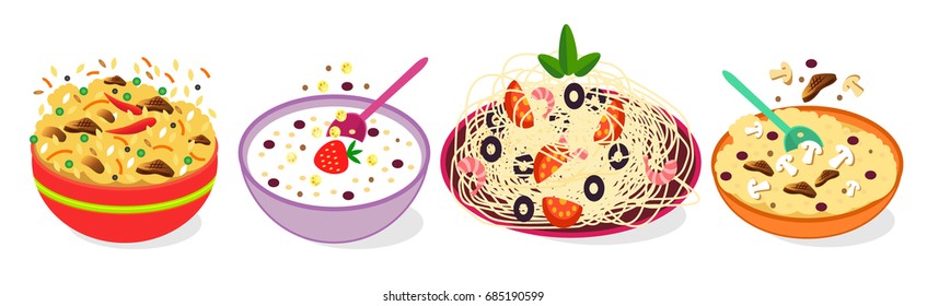Pilaf, milk porridge, pasta with shrimps, porridge with meat and mushrooms. Vector. Icon