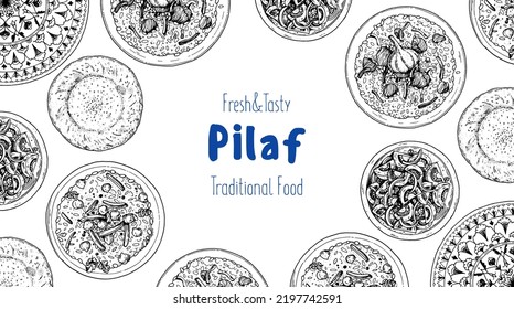 Pilaf  sketch illustration. Middle eastern cuisine frame. Uzbek food, design elements. Hand drawn, package design. Arabic food