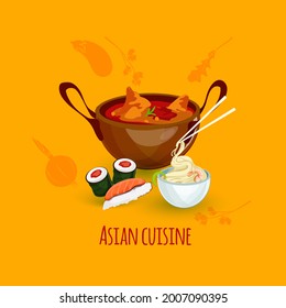 Pilaf, sushi and hot chili sauce. Asian cuisine. Vector illustration 
