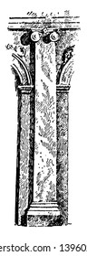 Pilaster is square pillar with its capital, a rectangular column, especially one projecting from a wall, vintage line drawing or engraving illustration.