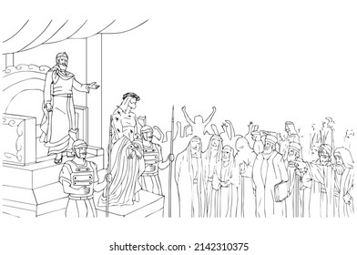 Pilate is standing in back of Jesus and more people in front, vector.