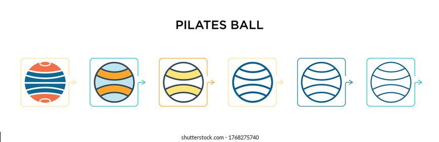 Pilates ball vector icon in 6 different modern styles. Black, two colored pilates ball icons designed in filled, outline, line and stroke style. Vector illustration can be used for web, mobile, ui