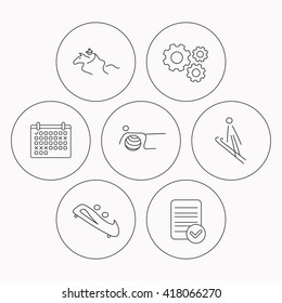 Pilates, bobsled and horseback riding icons. Ski jumping linear sign. Check file, calendar and cogwheel icons. Vector