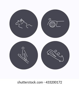 Pilates, bobsled and horseback riding icons. Ski jumping linear sign. Flat icons in circle buttons on white background. Vector