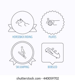 Pilates, bobsled and horseback riding icons. Ski jumping linear sign. Award medal, star label and speech bubble designs. Vector