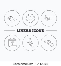 Pilates, bobsled and horseback riding icons. Ski jumping linear sign. Flat cogwheel and calendar symbols. Linear icons in circle buttons. Vector