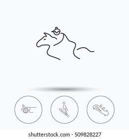 Pilates, bobsled and horseback riding icons. Ski jumping linear sign. Linear icons in circle buttons. Flat web symbols. Vector