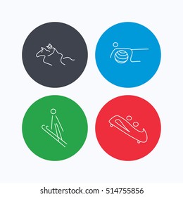 Pilates, bobsled and horseback riding icons. Ski jumping linear sign. Linear icons on colored buttons. Flat web symbols. Vector