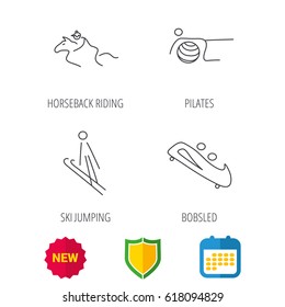 Pilates, bobsled and horseback riding icons. Ski jumping linear sign. Shield protection, calendar and new tag web icons. Vector
