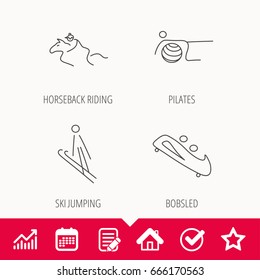 Pilates, bobsled and horseback riding icons. Ski jumping linear sign. Edit document, Calendar and Graph chart signs. Star, Check and House web icons. Vector