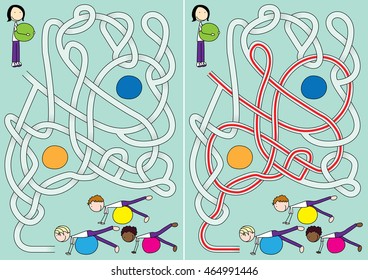 Pilates class maze for kids with a solution