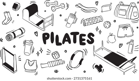 Pilates Doodle Illustration Set - handgezeichnete Fitness-Icons in Schwarz und Weiß

