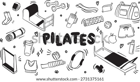 Pilates Doodle Illustration Set – Hand Drawn Fitness Icons in Black and White
