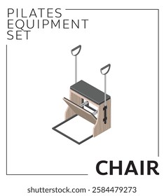 Pilates Equipment Chair Isometric Set Wood Material Vector