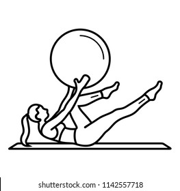 Pilates Excercise. Woman With Ball.  Vector Flat Outline Icon Illustration Isolated On White Background.