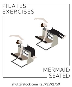 Pilates Exercise Pose Set Mermaid Seated Side Stretch on Chair Vector