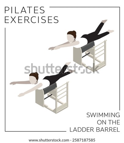 Pilates Exercise Pose Set Swimming on the Ladder Barrel Vector