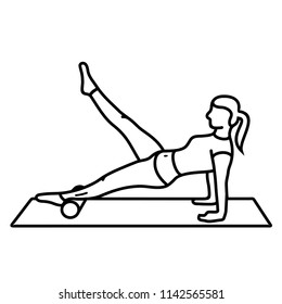 Pilates exercise. Woman with roll on the mat. Vector flat outline icon illustration isolated on white background.