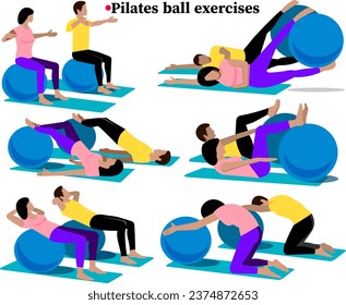 Pilates exercises with a ball to strengthen general muscles A balanced set of exercises suitable for men and women Vector