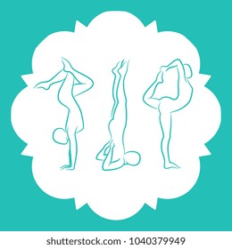 Pilates, fitnes, yoga line silhouettes pose of set. Vector illustration