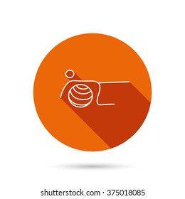 Pilates fitness sign. Gymnastic ball icon. Sport workout symbol. Round orange web button with shadow.