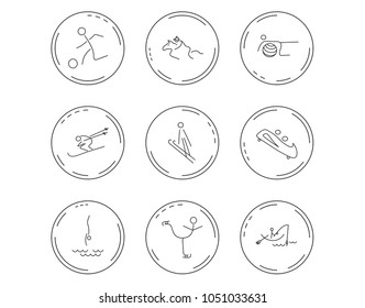 Pilates, football and skiing icons. Fishing, diving and figure skating linear signs. Ski jumping, horseback riding and bobsled icons. Linear Circles web buttons with icons. Vector