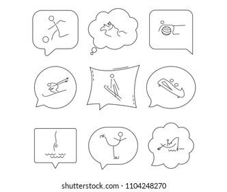 Pilates, football and skiing icons. Fishing, diving and figure skating linear signs. Ski jumping, horseback riding and bobsled icons. Linear Speech bubbles with icons set. Comic chat balloon. Vector