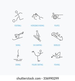 Pilates, football and skiing icons. Fishing, diving and figure skating linear signs. Ski jumping, horseback riding and bobsled icons. Linear set icons on white background.