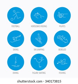 Pilates, football and skiing icons. Fishing, diving and figure skating linear signs. Ski jumping, horseback riding and bobsled icons. Blue circle buttons set. Linear icons.