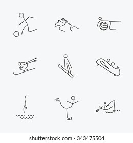 Pilates, football and skiing icons. Fishing, diving and figure skating linear signs. Ski jumping, horseback riding and bobsled icons. Linear black icons on white background.
