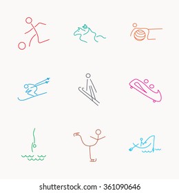 Pilates, football and skiing icons. Fishing, diving and figure skating linear signs. Ski jumping, horseback riding and bobsled icons. Linear colored icons.