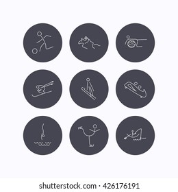 Pilates, football and skiing icons. Fishing, diving and figure skating linear signs. Ski jumping, horseback riding and bobsled icons. Flat icons in circle buttons on white background. Vector