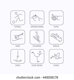 Pilates, football and skiing icons. Fishing, diving and figure skating linear signs. Ski jumping, horseback riding and bobsled icons. Flat linear icons in squares on white background. Vector