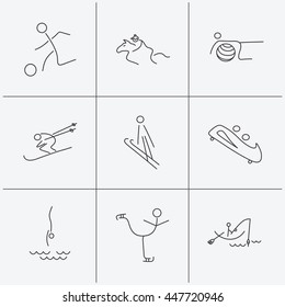 Pilates, football and skiing icons. Fishing, diving and figure skating linear signs. Ski jumping, horseback riding and bobsled icons. Linear icons on white background. Vector