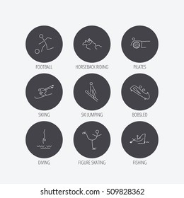 Pilates, football and skiing icons. Fishing, diving and figure skating linear signs. Ski jumping, horseback riding and bobsled icons. Linear icons in circle buttons. Flat web symbols. Vector