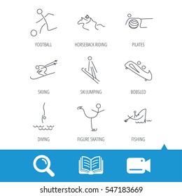 Pilates, football and skiing icons. Fishing, diving and figure skating linear signs. Ski jumping, horseback riding and bobsled icons. Video cam, book and magnifier search icons. Vector