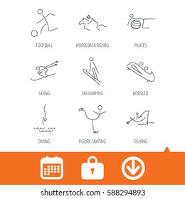 Pilates, football and skiing icons. Fishing, diving and figure skating linear signs. Ski jumping, horseback riding and bobsled icons. Download arrow, locker and calendar web icons. Vector